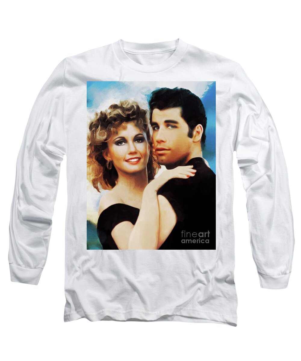 Olivia Long Sleeve T-Shirt featuring the painting Olivia Newton-John and John Travolta, Grease by Esoterica Art Agency