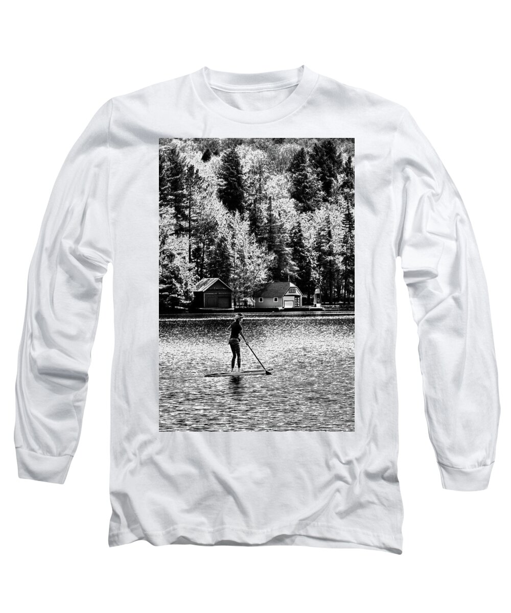 Paddleboarding On Old Forge Pond Long Sleeve T-Shirt featuring the photograph Paddleboarding on Old Forge Pond by David Patterson