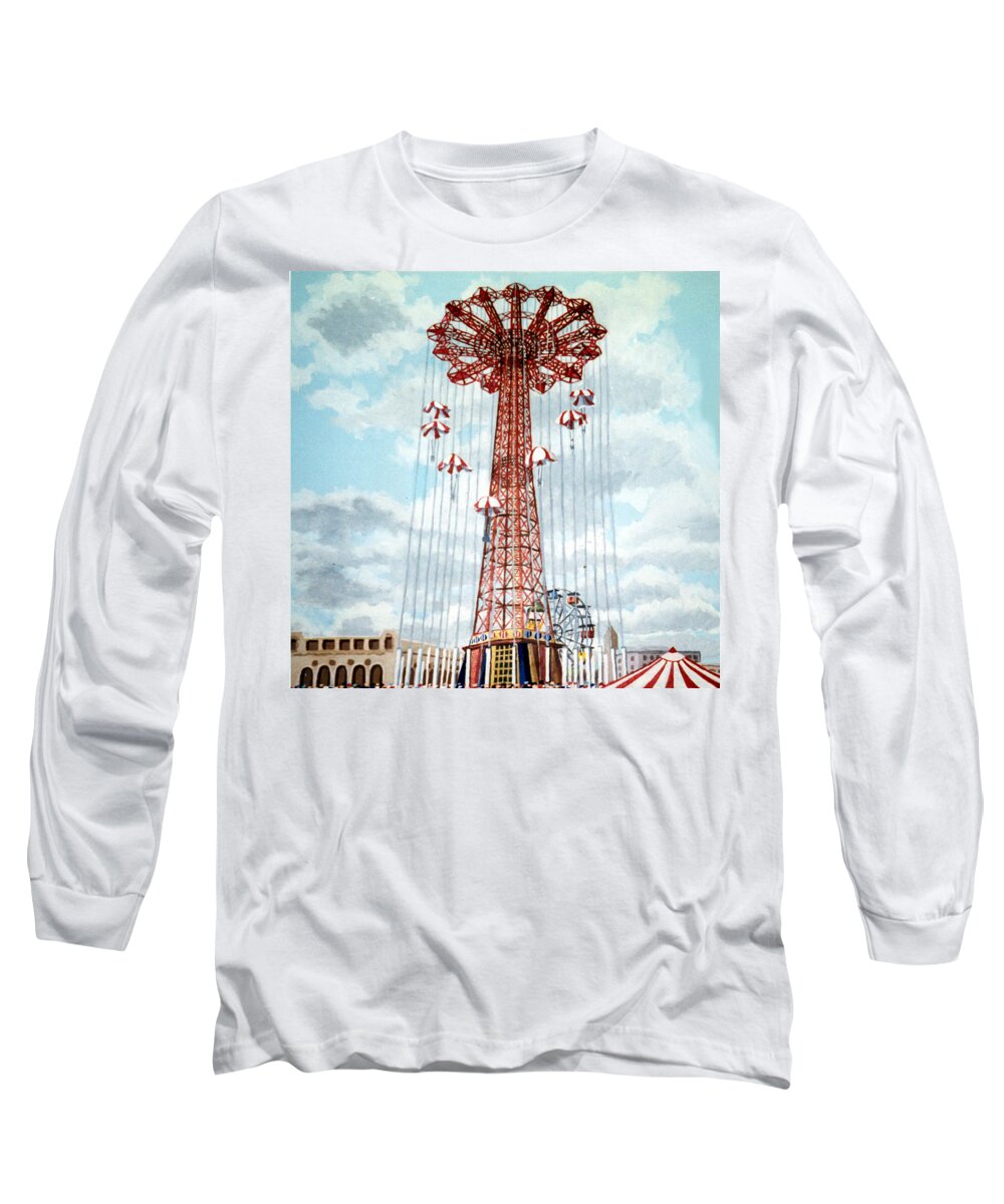 Parachute Jump Long Sleeve T-Shirt featuring the painting Parachute Jump in Coney Island New York by Bonnie Siracusa