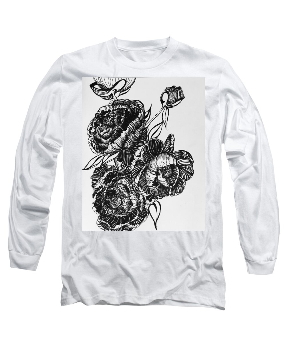  Pan Long Sleeve T-Shirt featuring the drawing Peonies Line Drawing by Mastiff Studios