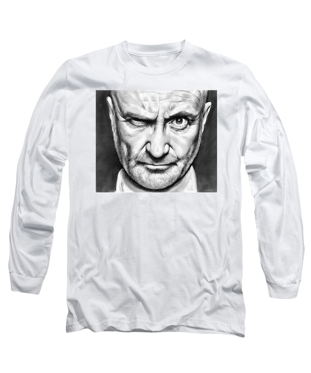 Phil Collins Long Sleeve T-Shirt featuring the drawing Phil Collins by Greg Joens