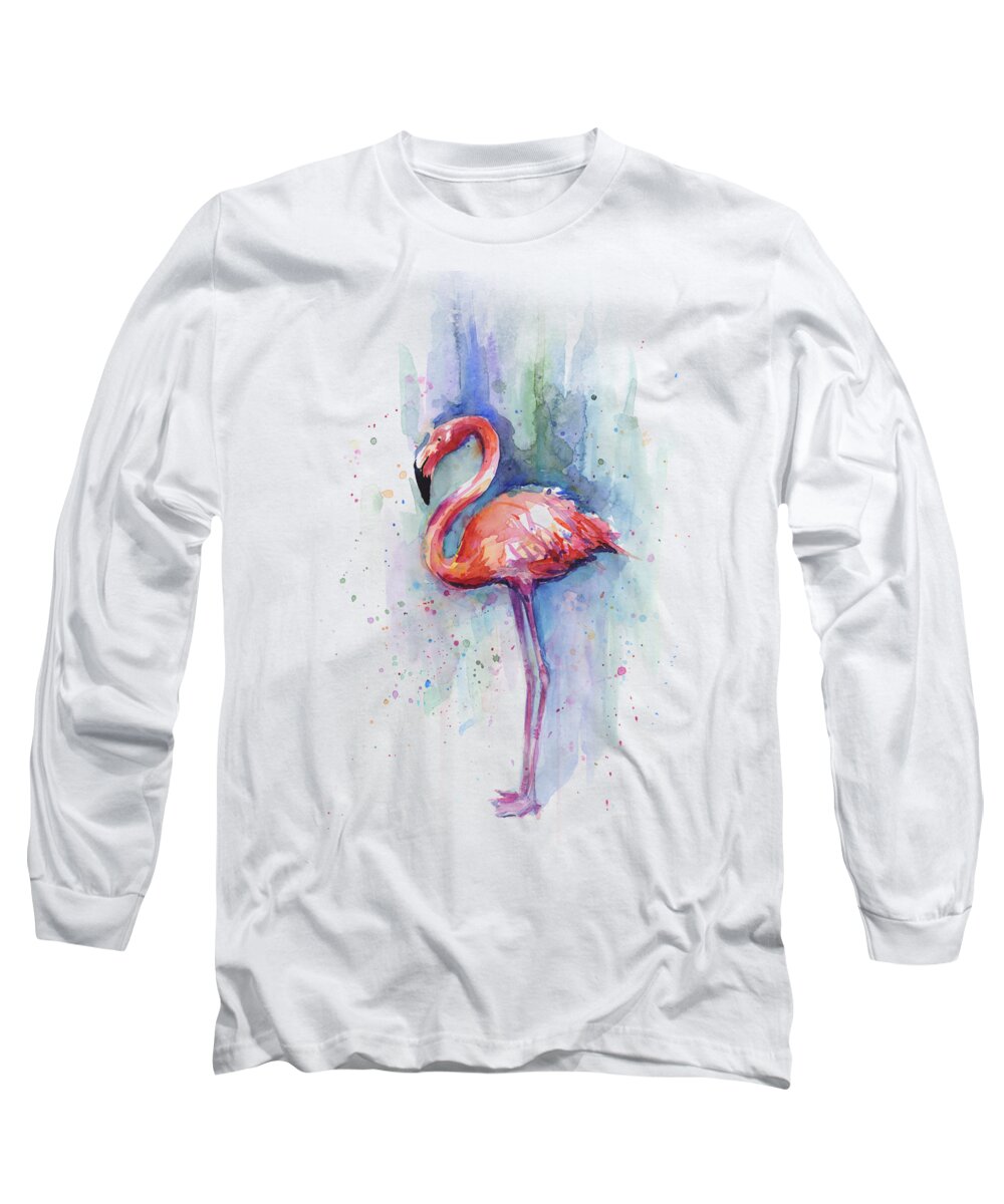 Watercolor Long Sleeve T-Shirt featuring the painting Pink Flamingo Watercolor by Olga Shvartsur