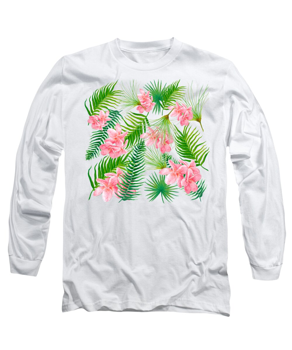 Fern Leaves Long Sleeve T-Shirt featuring the painting Pink Frangipani and Fern Leaves by Jan Matson