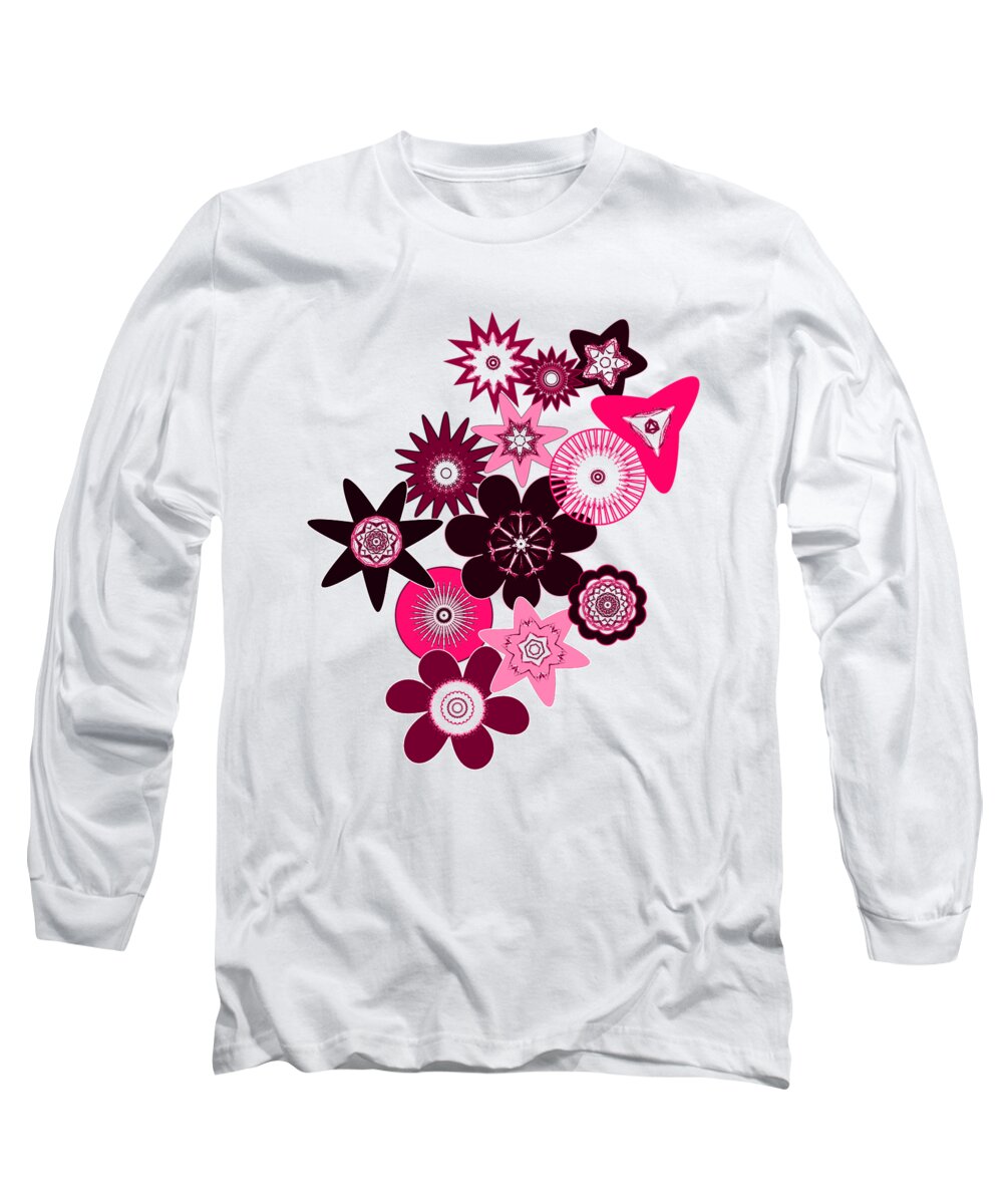 Funky Flower Pattern Long Sleeve T-Shirt featuring the digital art Pink Funky Flowers by Two Hivelys