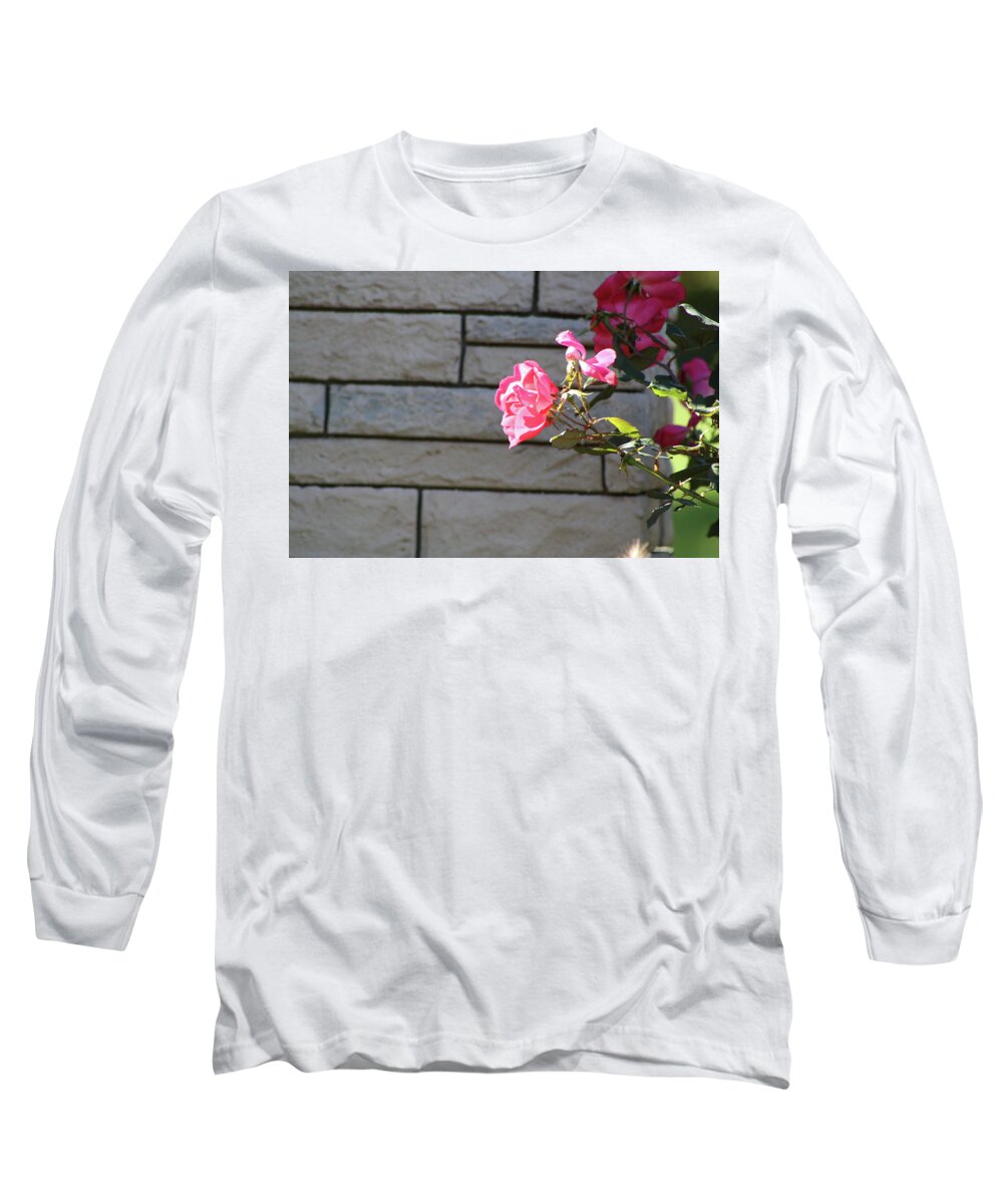Rose Long Sleeve T-Shirt featuring the photograph Pink Rose Against Grey Bricks by Michele Wilson