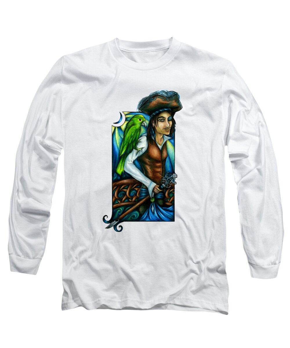 Pirate Art Long Sleeve T-Shirt featuring the drawing Pirate With Parrot Art by Kristin Aquariann
