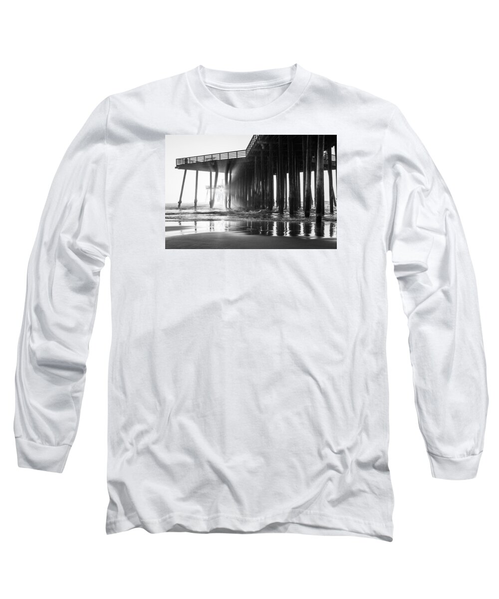 Pismo Beach Long Sleeve T-Shirt featuring the photograph Pismo Pier Black and White Sunset by John McGraw
