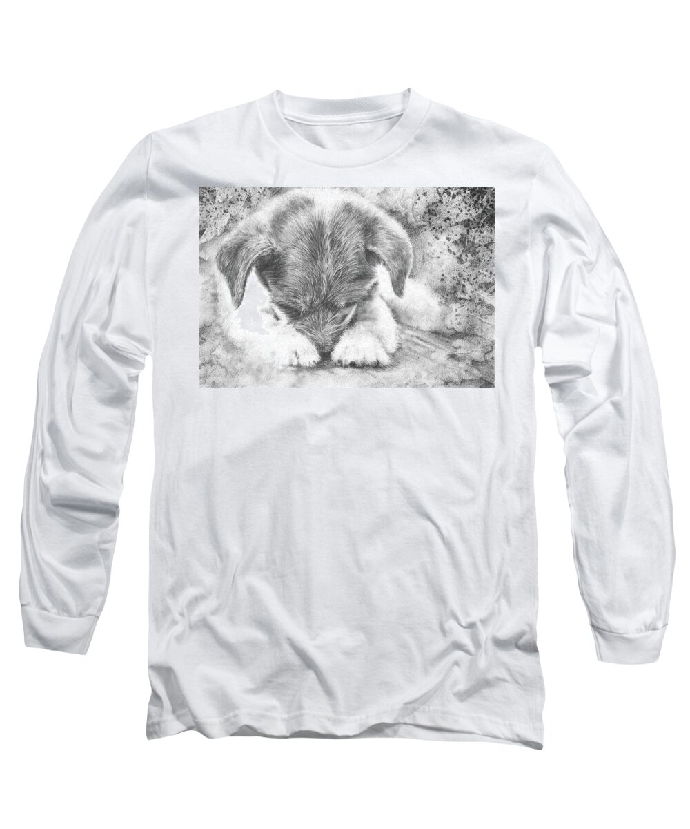 Puppy Long Sleeve T-Shirt featuring the drawing Played Out by Peter Williams