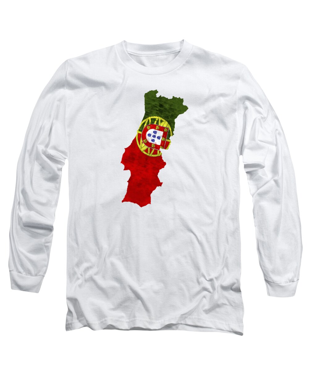 Atlas Long Sleeve T-Shirt featuring the digital art Portugal Map Art with Flag Design by World Art Prints And Designs