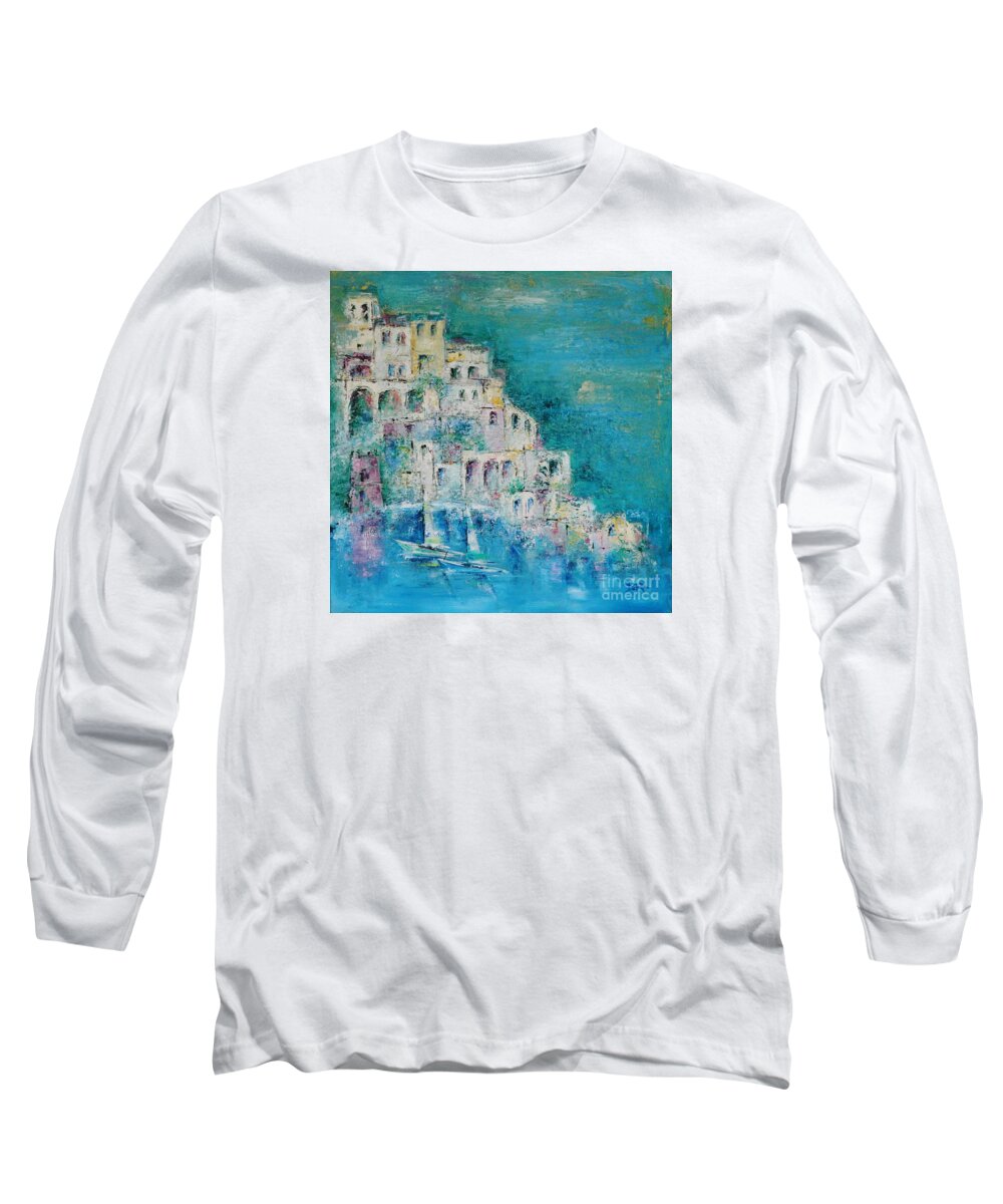Positano Long Sleeve T-Shirt featuring the painting Positano Village of Dreams by Dan Campbell