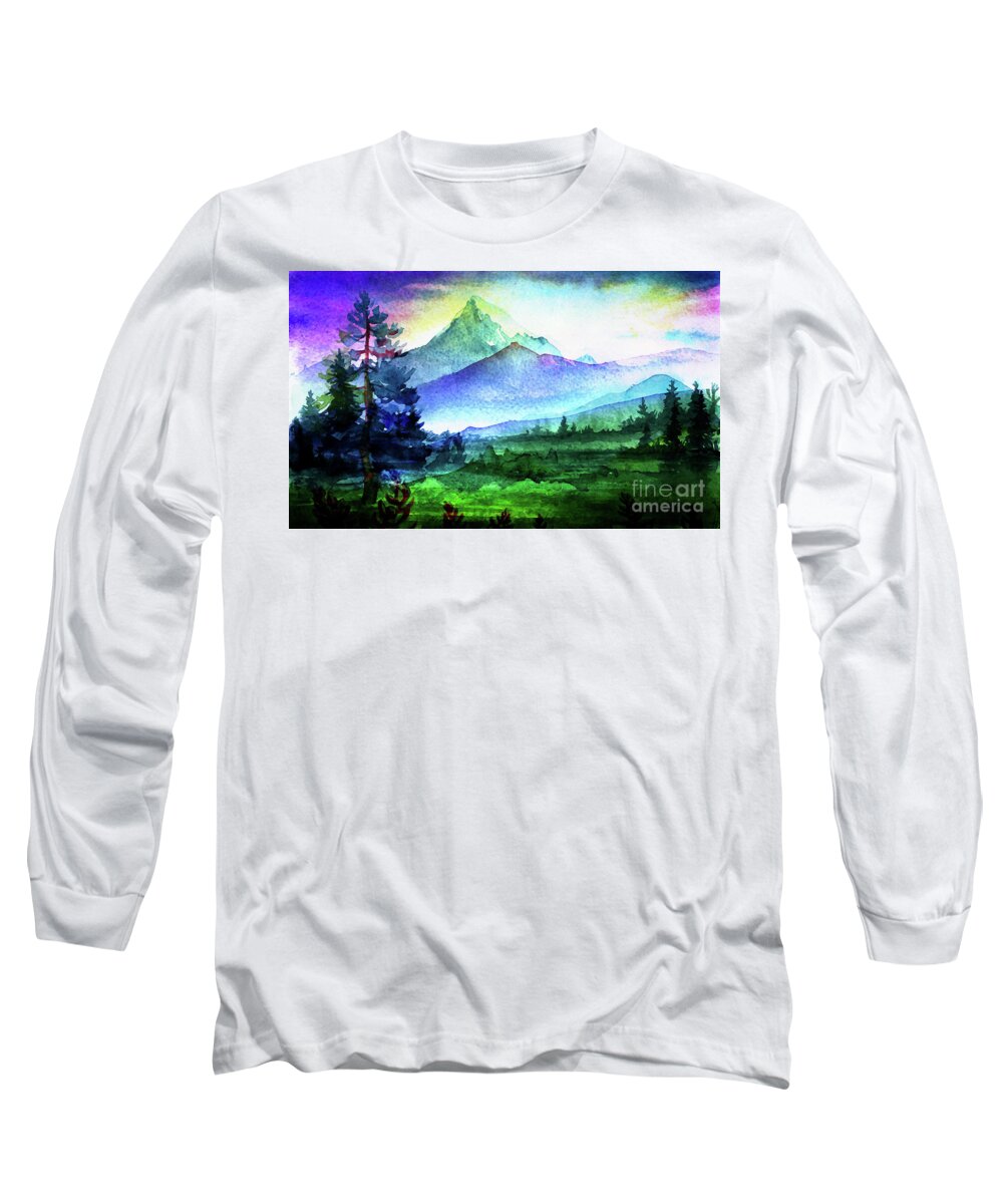 Hill Long Sleeve T-Shirt featuring the mixed media Purple Mountains Majesty by Digital Art Cafe