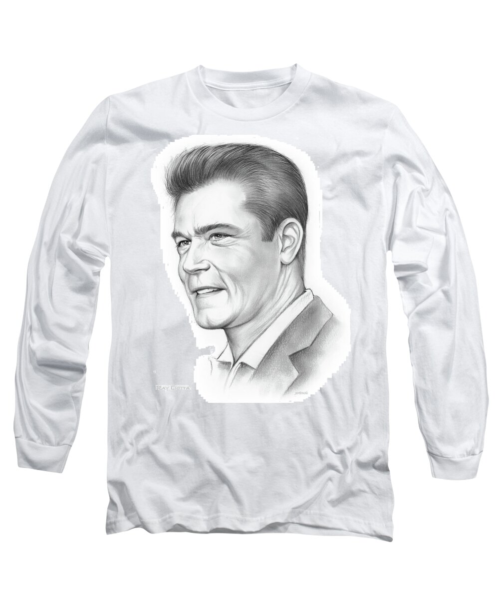 Ray Liotta Long Sleeve T-Shirt featuring the drawing Ray Liotta by Greg Joens