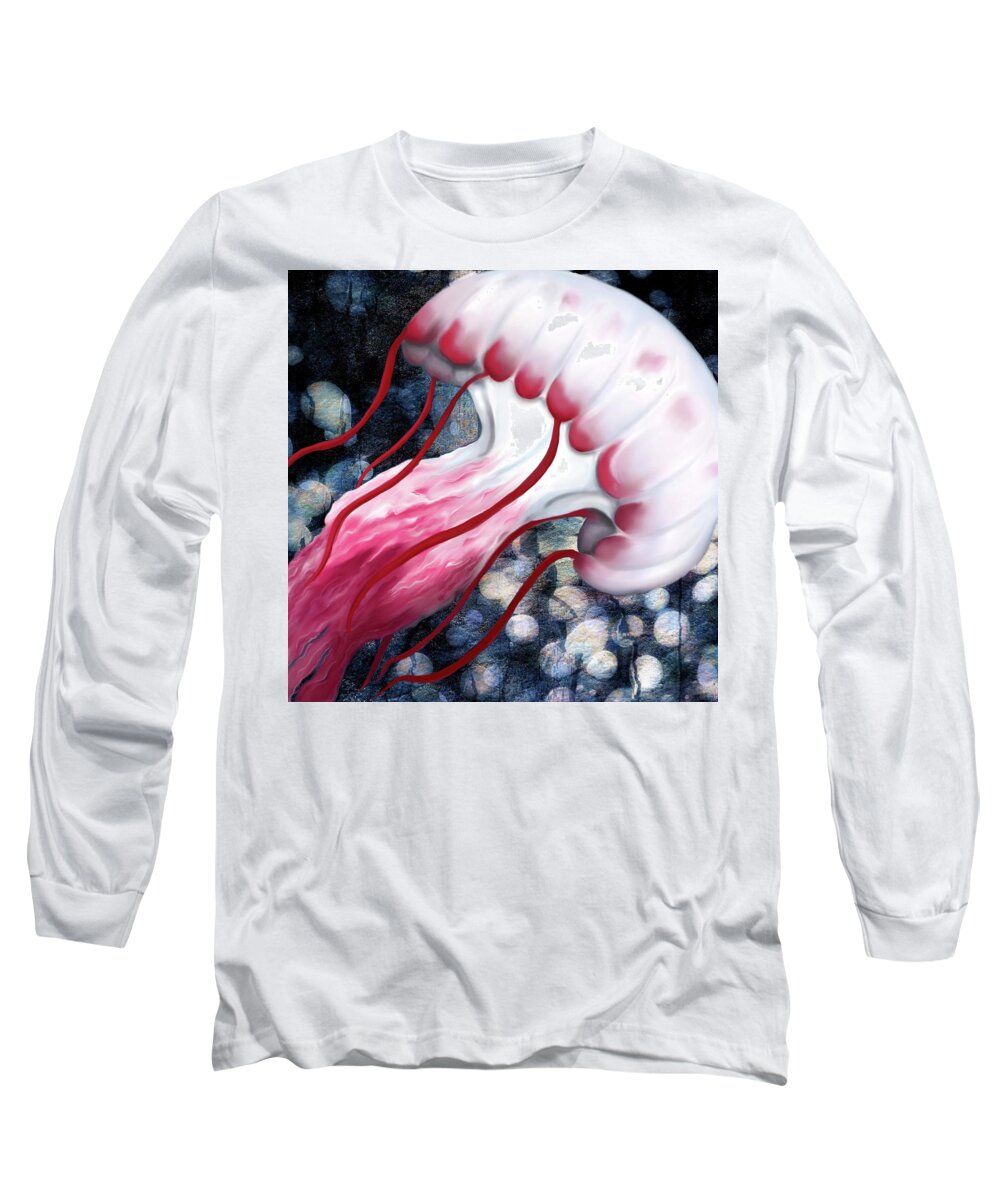 Jellyfish Long Sleeve T-Shirt featuring the digital art Red and White Jellyfish by Sand And Chi