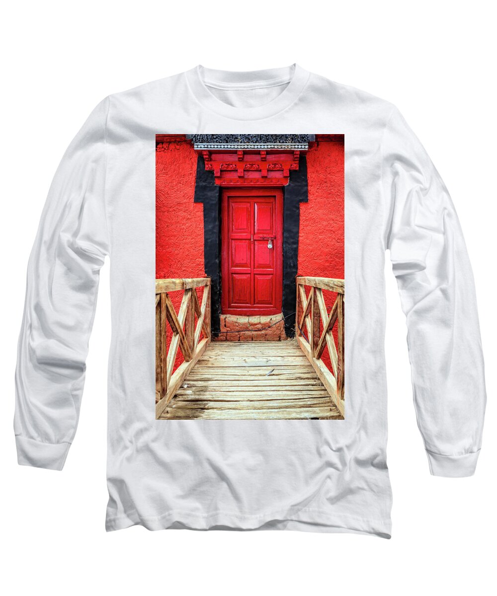 Asia Long Sleeve T-Shirt featuring the photograph Red door at a monastery by Alexey Stiop