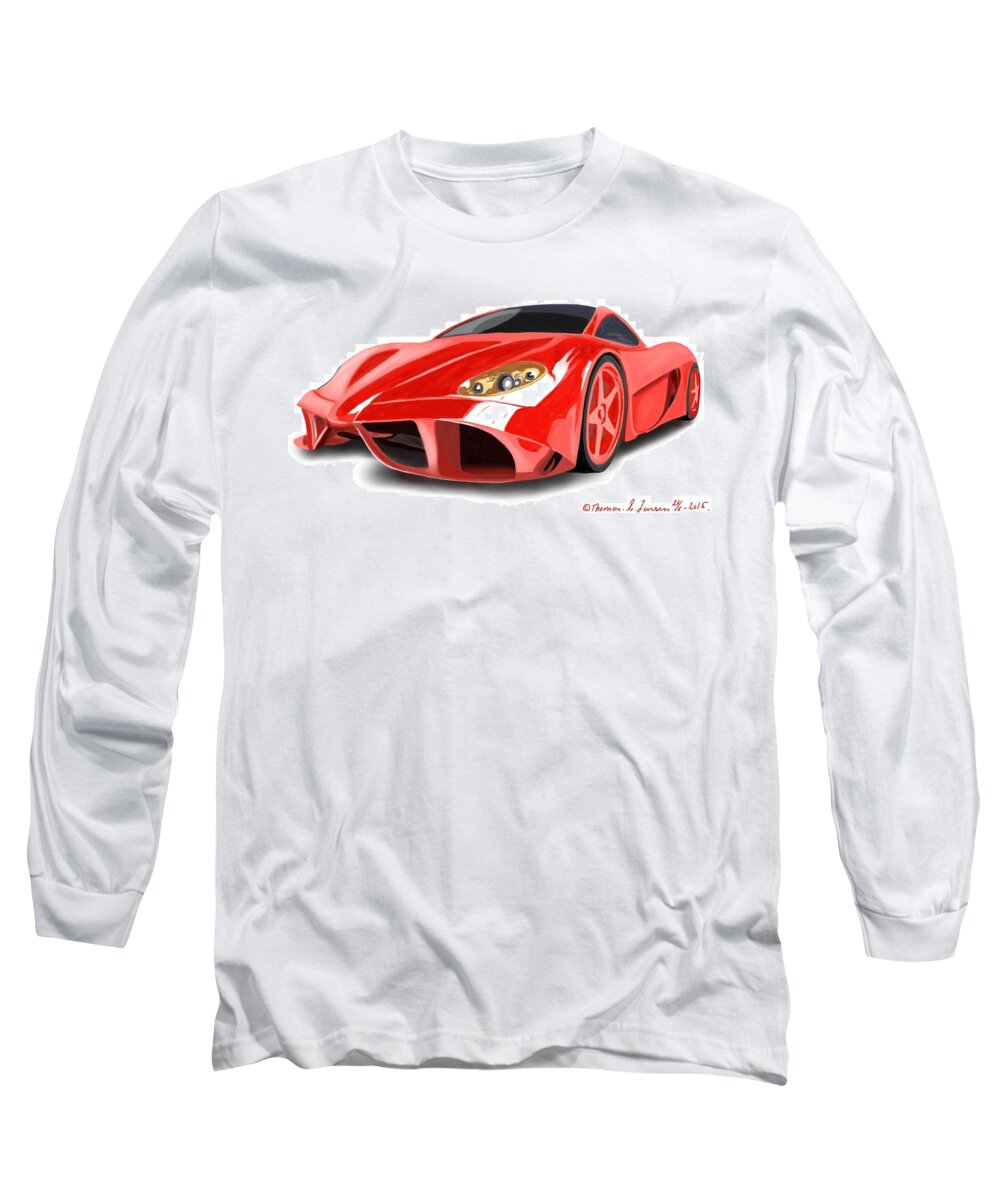 Ferrari Long Sleeve T-Shirt featuring the painting Red Ferrari by ThomasE Jensen