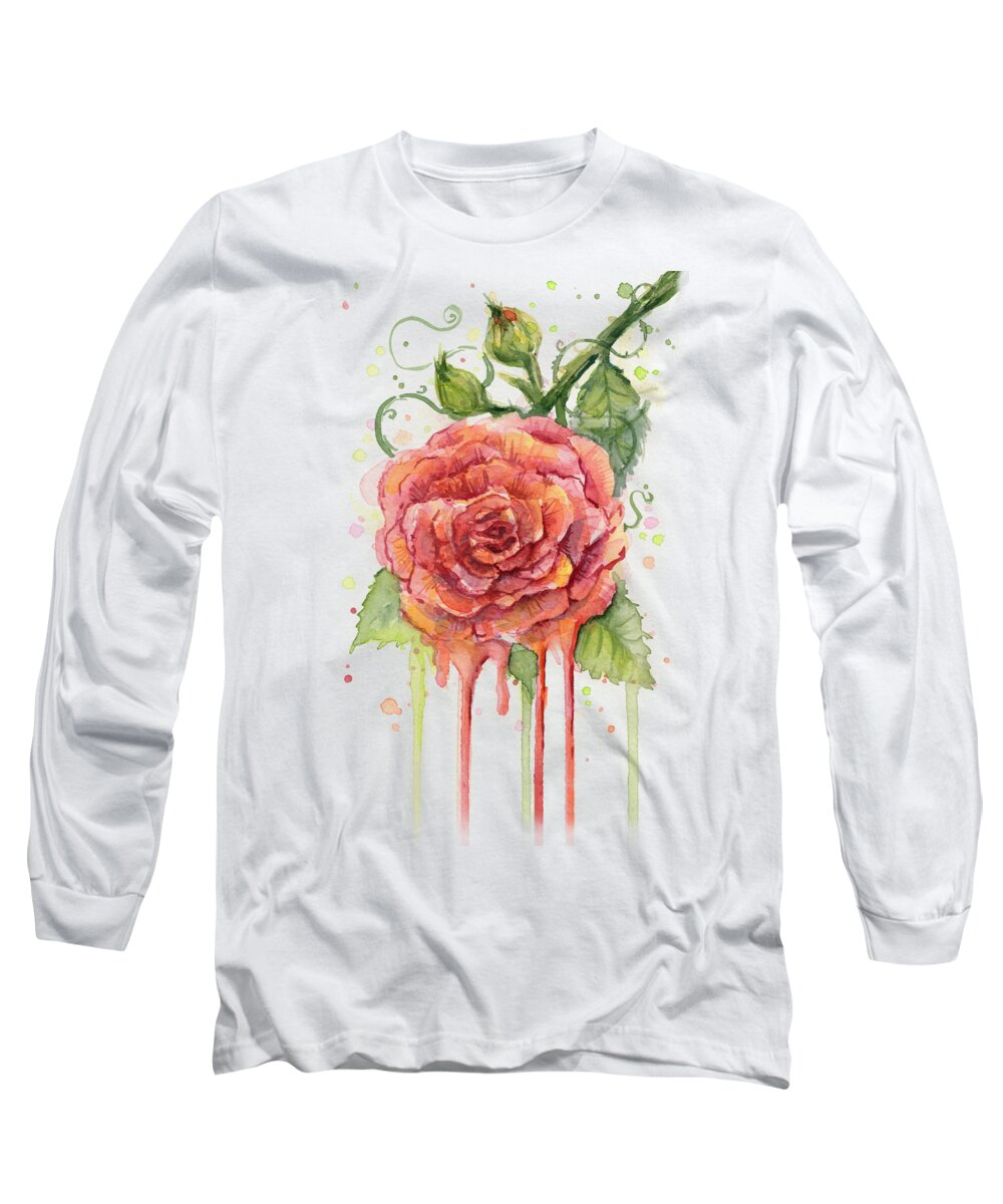 Rose Long Sleeve T-Shirt featuring the painting Red Rose Dripping Watercolor by Olga Shvartsur