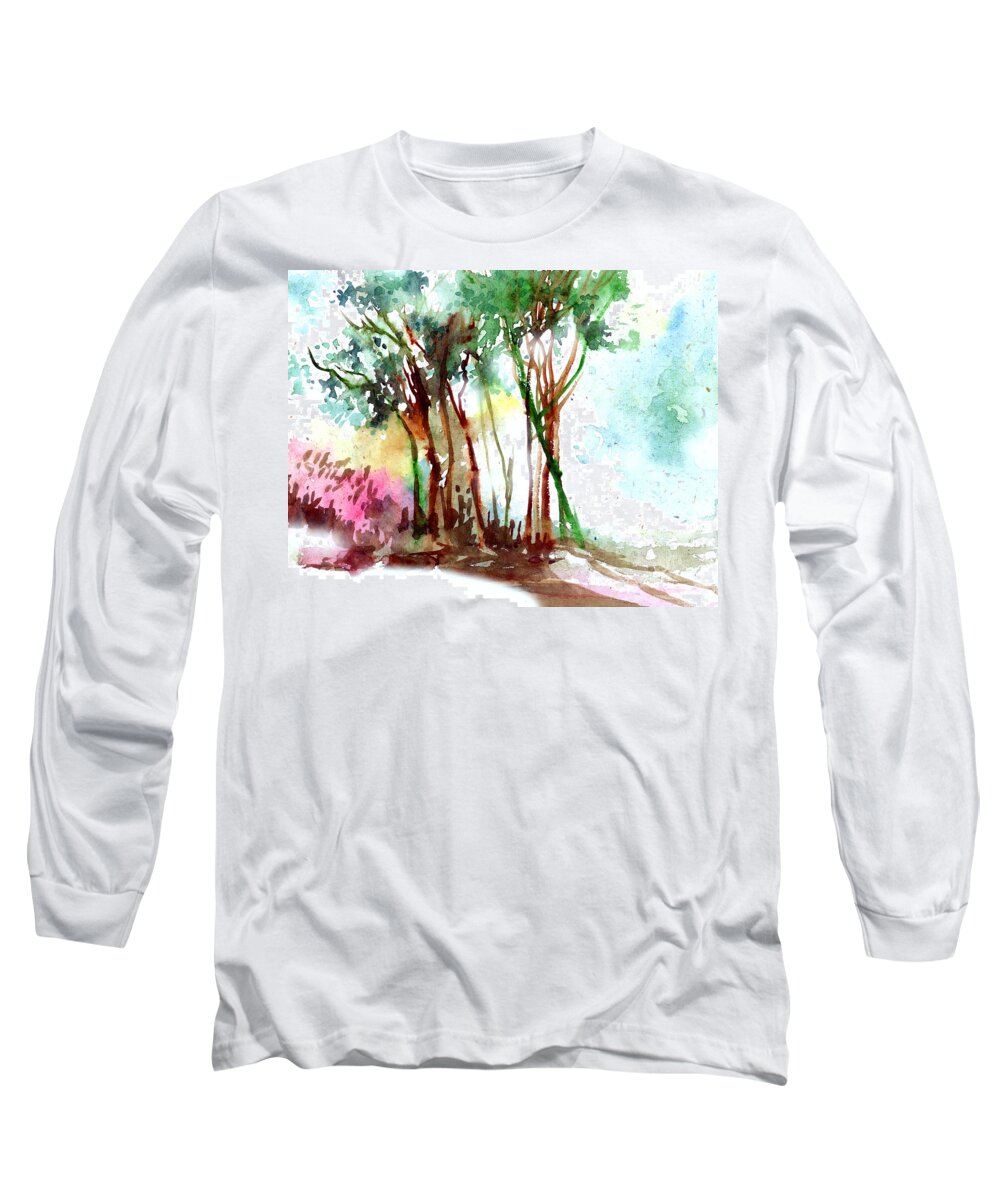 Landscape Long Sleeve T-Shirt featuring the painting Red Trees by Anil Nene