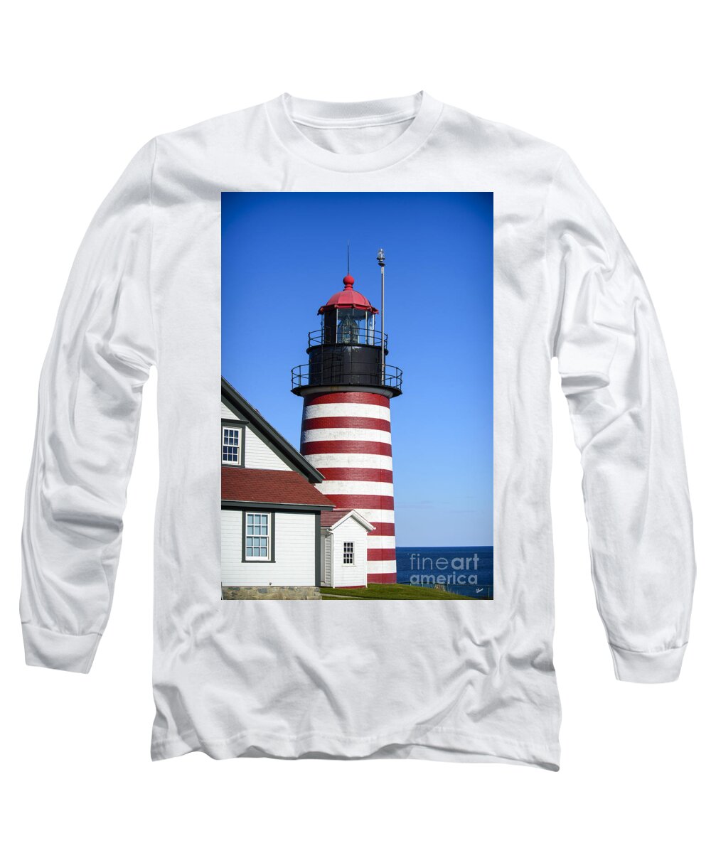 Downeast Long Sleeve T-Shirt featuring the photograph Red White Striped Lighthouse by Alana Ranney