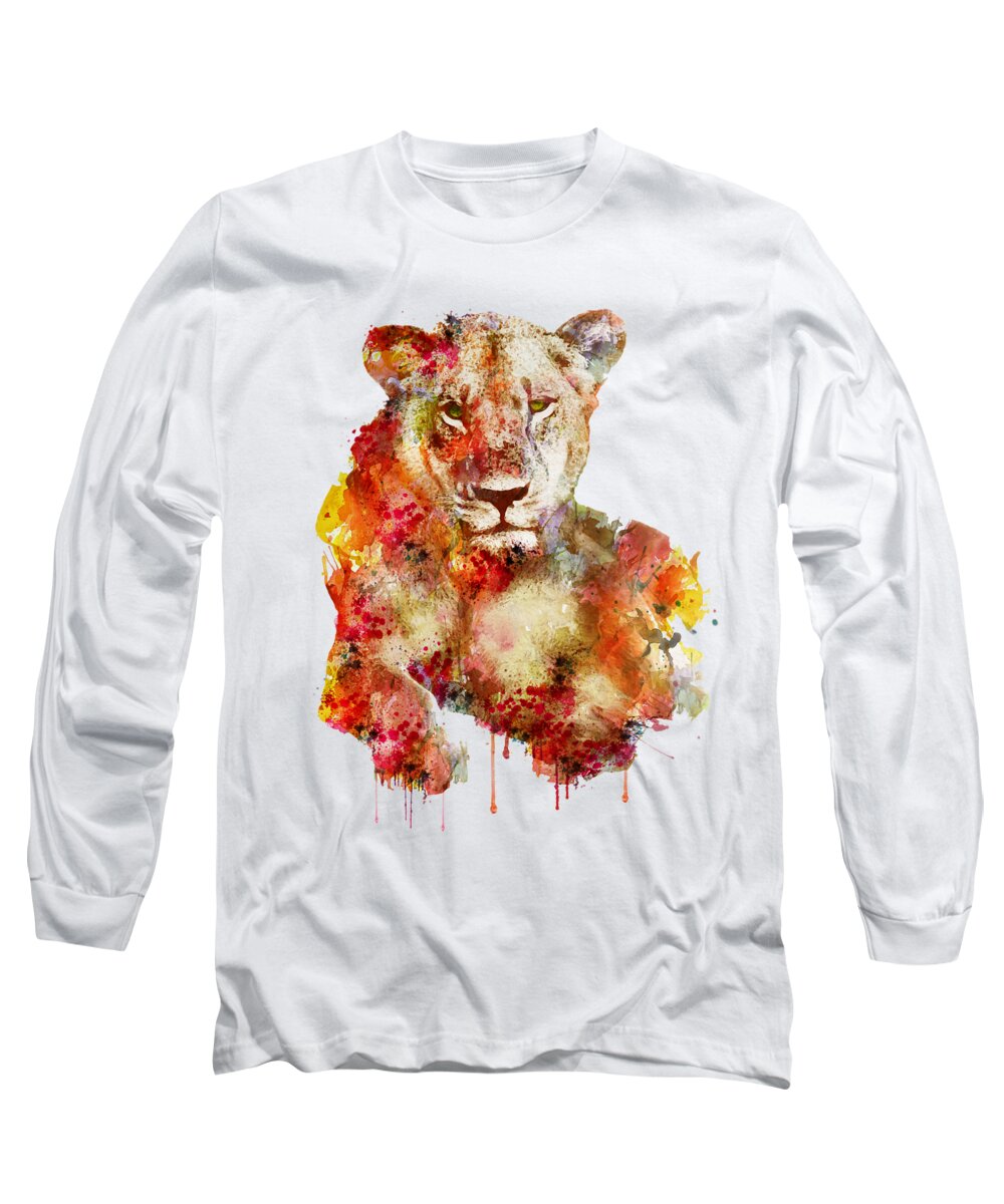 Marian Voicu Long Sleeve T-Shirt featuring the painting Resting Lioness in watercolor by Marian Voicu