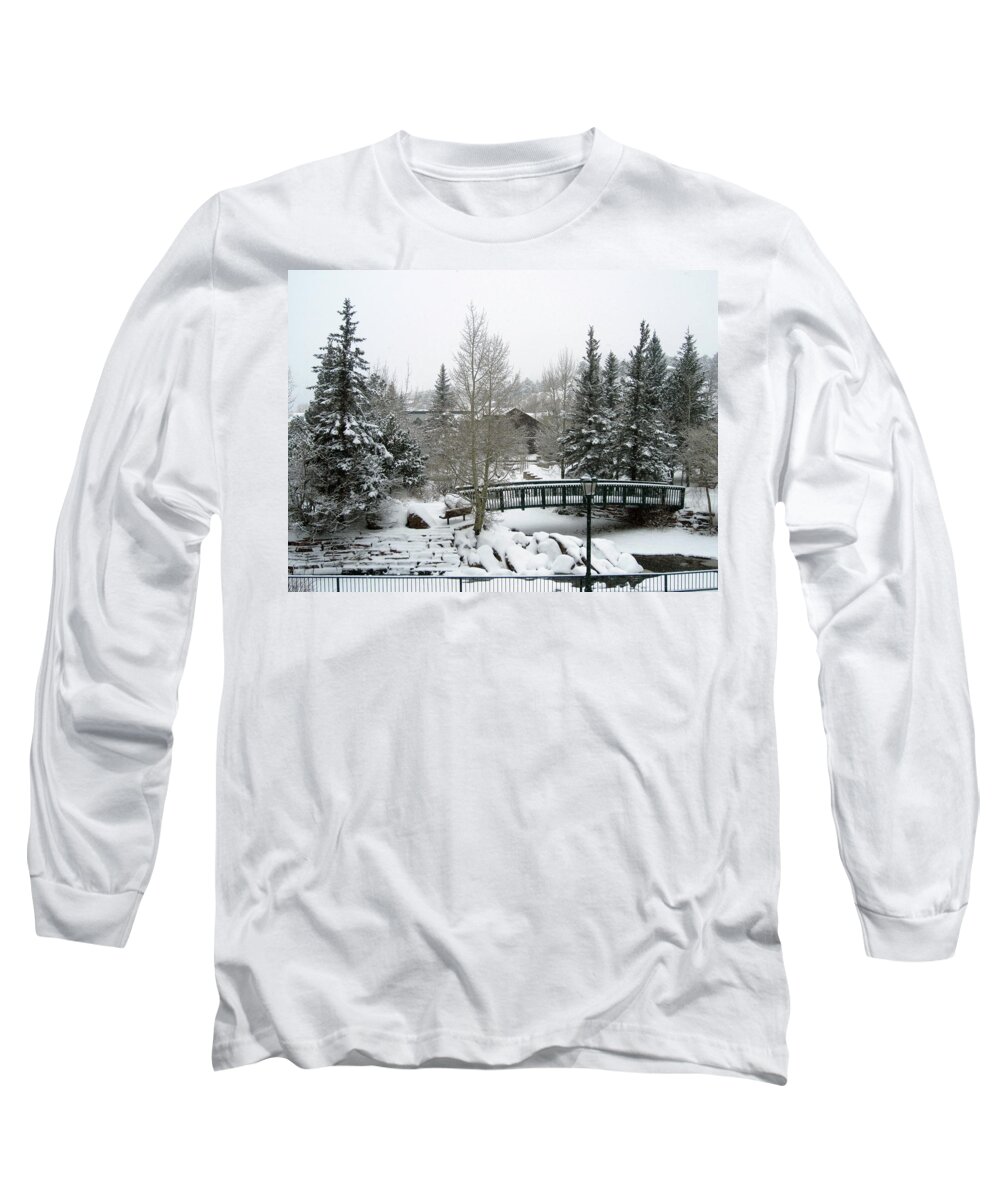 Snow Long Sleeve T-Shirt featuring the photograph Riverside Bridge February Snow by Laura Davis
