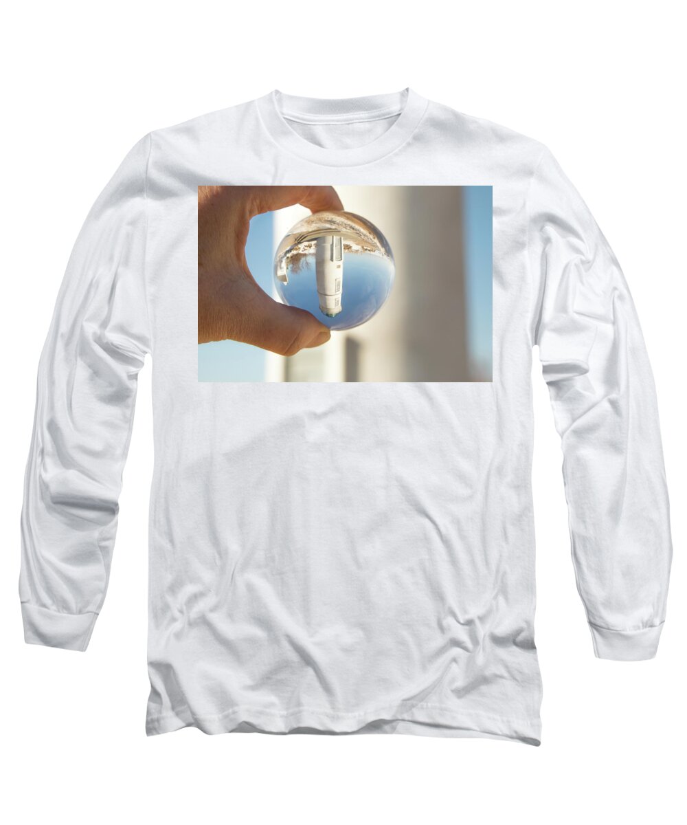 America Long Sleeve T-Shirt featuring the photograph Robert H Manning Lighthouse, Empire, Michigan in winter reflecti by Karen Foley