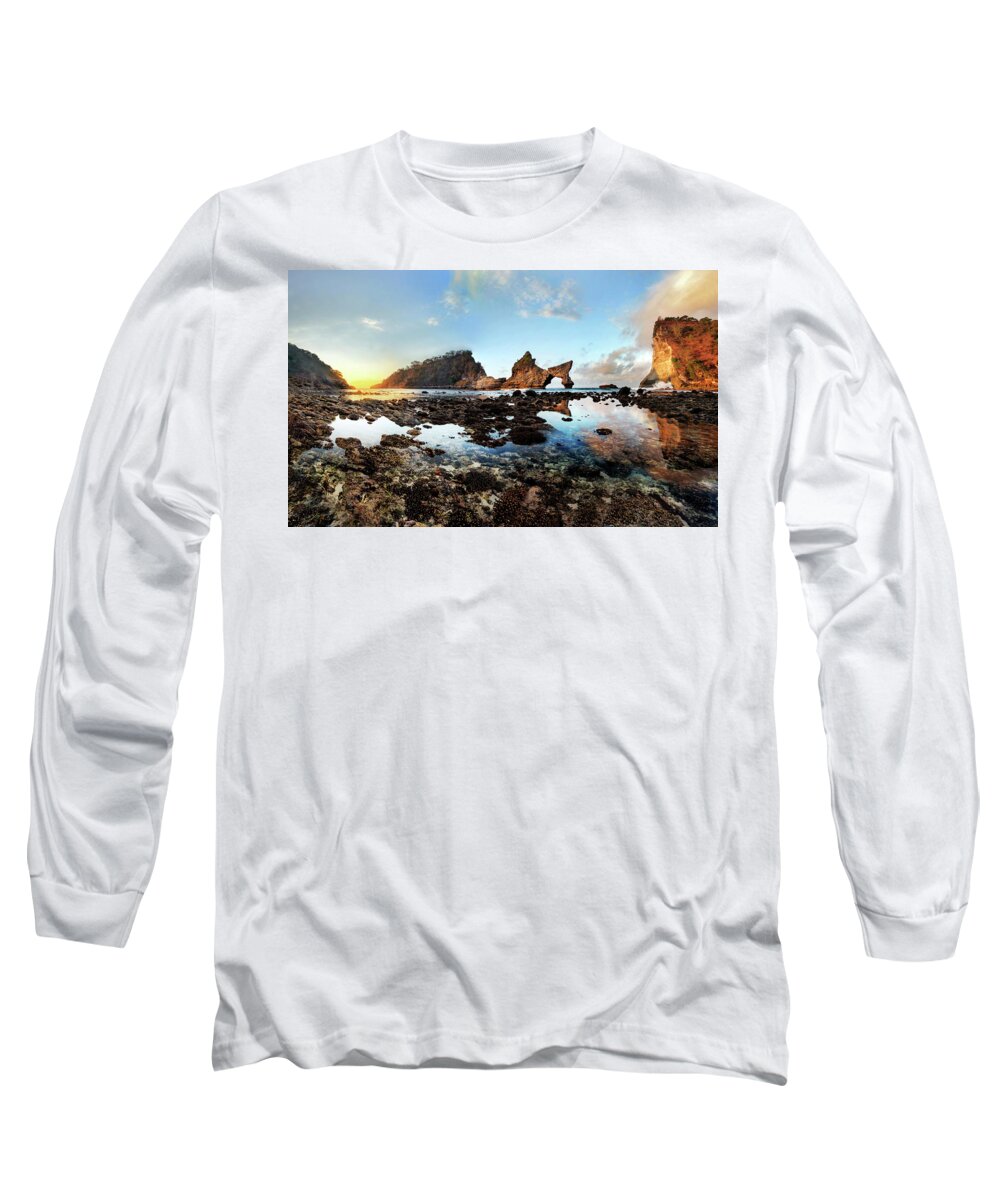Landscape Long Sleeve T-Shirt featuring the photograph Rocky beach sunrise, Bali by Pradeep Raja Prints