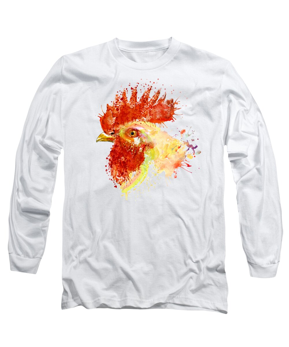 Rooster Long Sleeve T-Shirt featuring the painting Rooster Head by Marian Voicu