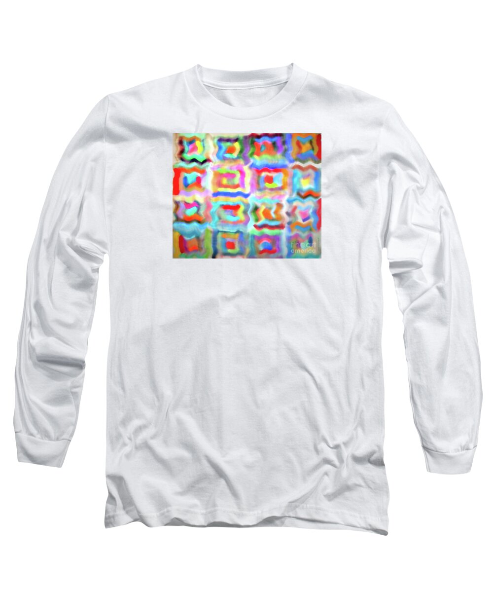 Quilt Saturday Colorful Abstract Batik Crazy Fun Quilting Needlework Painting Digital Squares Lines Wild Appealing Visual Scrapy Log Cabin Fiber Gwyn Newcombe Long Sleeve T-Shirt featuring the photograph Saturday Quilting Muse by Gwyn Newcombe