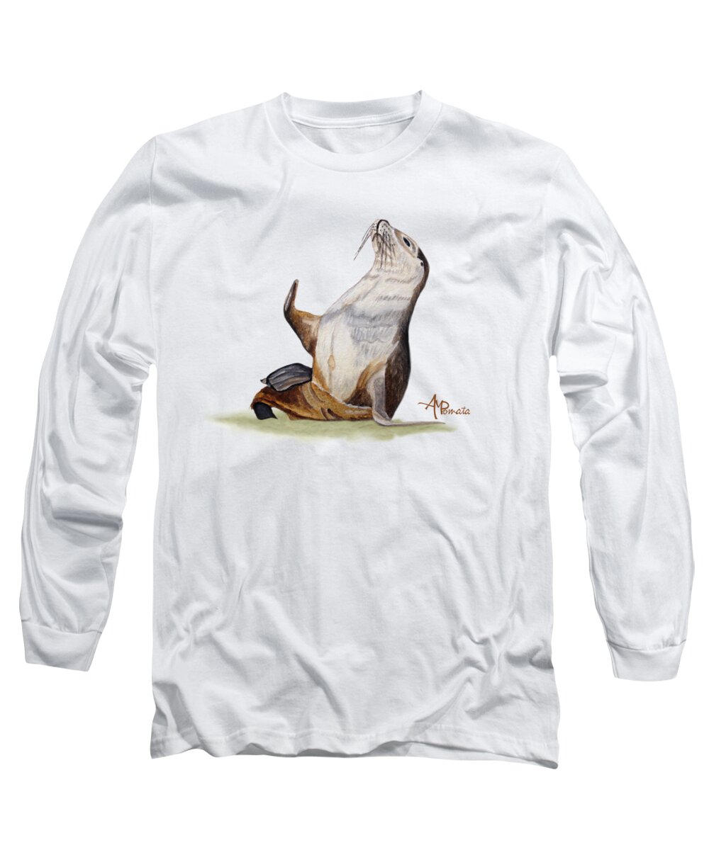 Sea Lion Long Sleeve T-Shirt featuring the painting Sea Lion Watercolor II by Angeles M Pomata