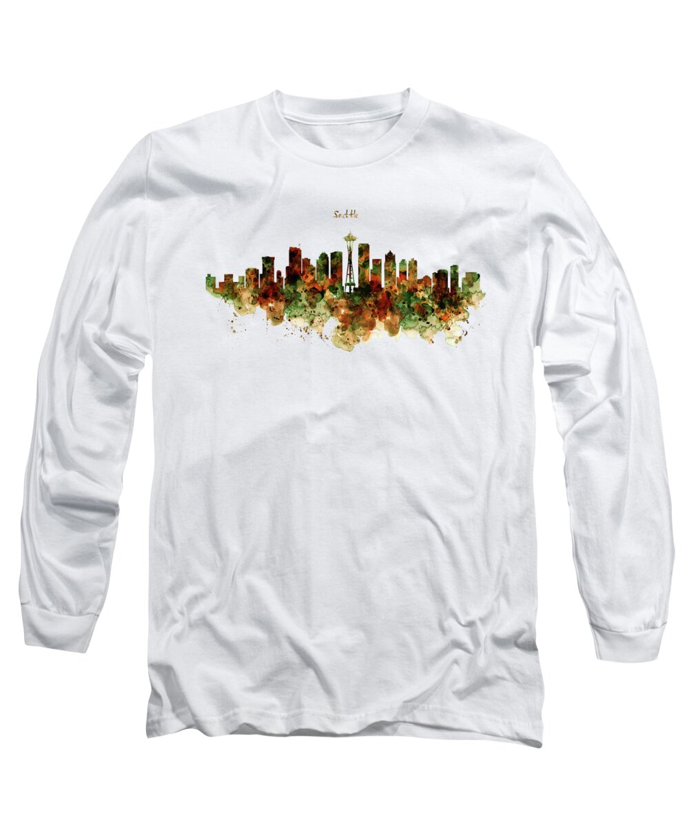 Seattle Long Sleeve T-Shirt featuring the painting Seattle Watercolor Skyline Poster by Marian Voicu