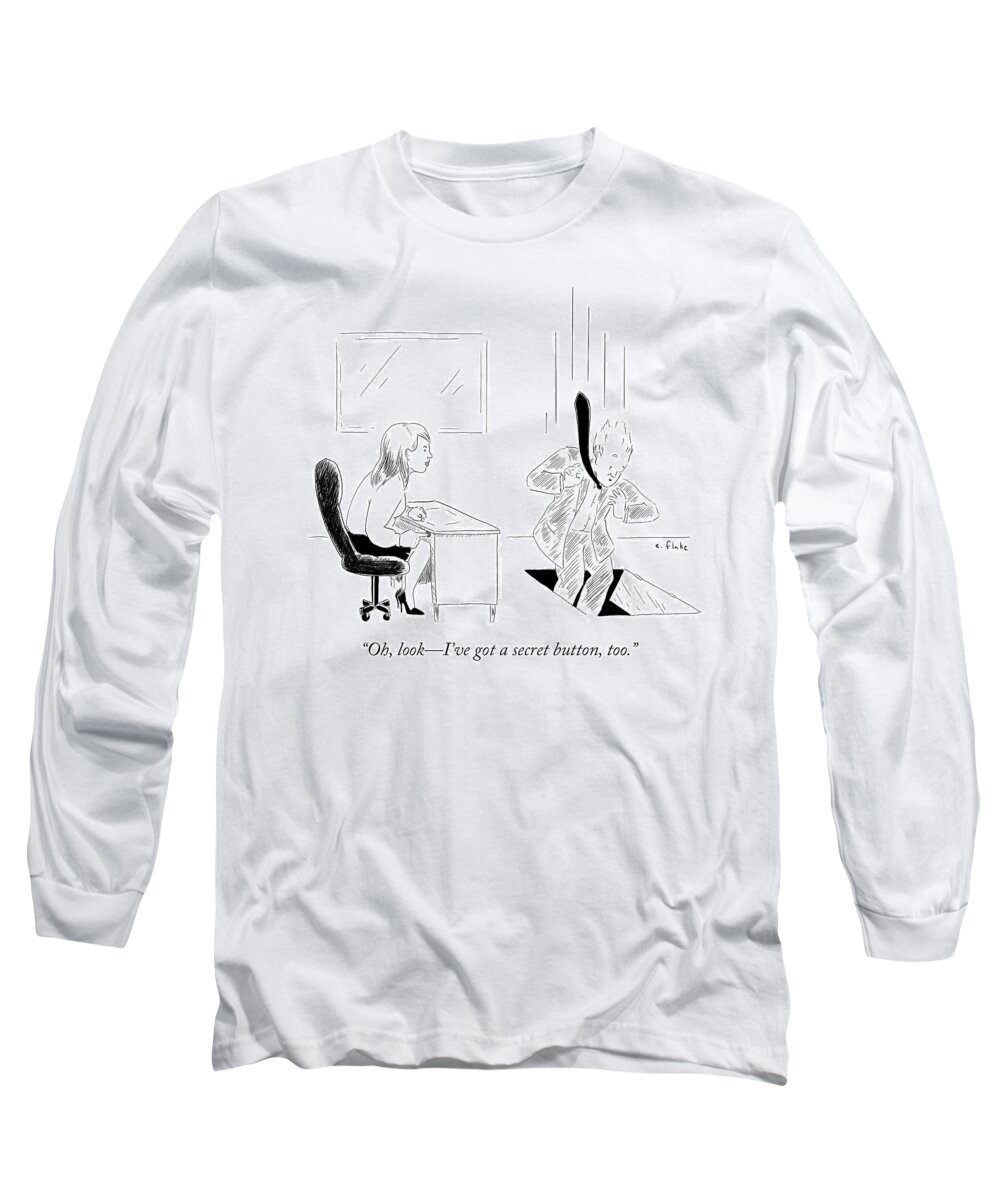 oh Long Sleeve T-Shirt featuring the drawing Secret Button by Emily Flake