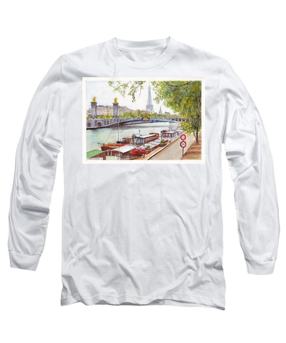 Landscape Long Sleeve T-Shirt featuring the painting Barges on the River Seine in Paris by Dai Wynn