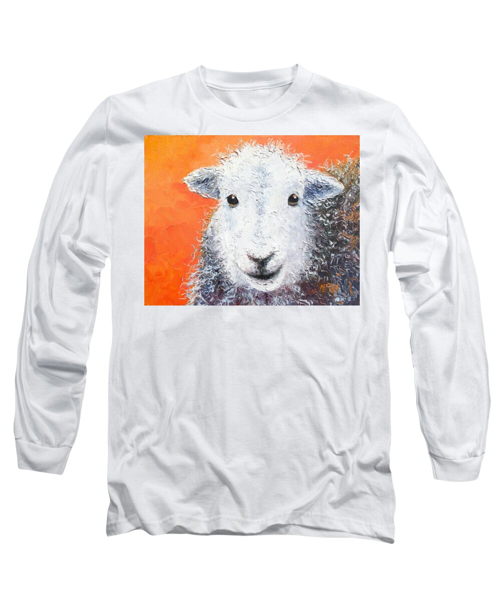 Sheep Long Sleeve T-Shirt featuring the painting Sheep painting on orange background by Jan Matson