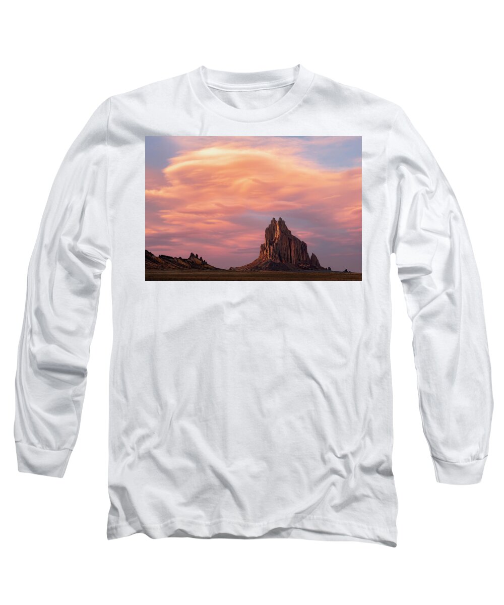 Shiprock Pinnacle Long Sleeve T-Shirt featuring the photograph Shiprock at Sunset by Angela Moyer