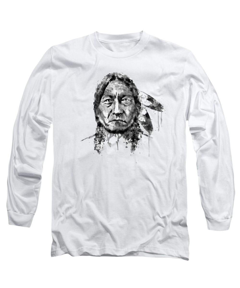 Marian Voicu Long Sleeve T-Shirt featuring the painting Sitting Bull Black and White by Marian Voicu
