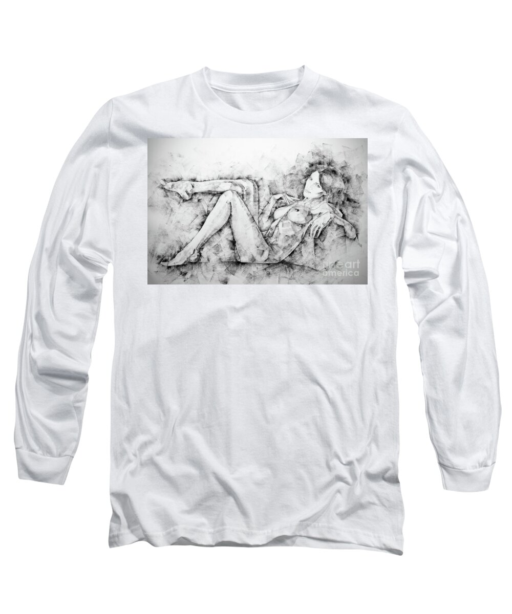 Art Long Sleeve T-Shirt featuring the drawing SketchBook Page 46 Drawing Woman Classical Sitting Pose by Dimitar Hristov