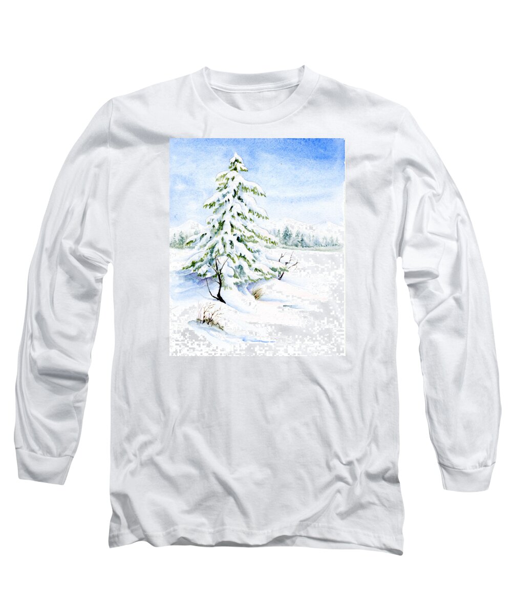Watercolor Painting Long Sleeve T-Shirt featuring the painting Snow On Evergreens by Karla Beatty