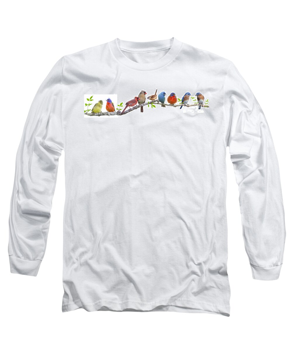 Songbirds On A Leafy Branch Long Sleeve T-Shirt featuring the photograph Songbirds on a Leafy Branch by Bonnie Barry