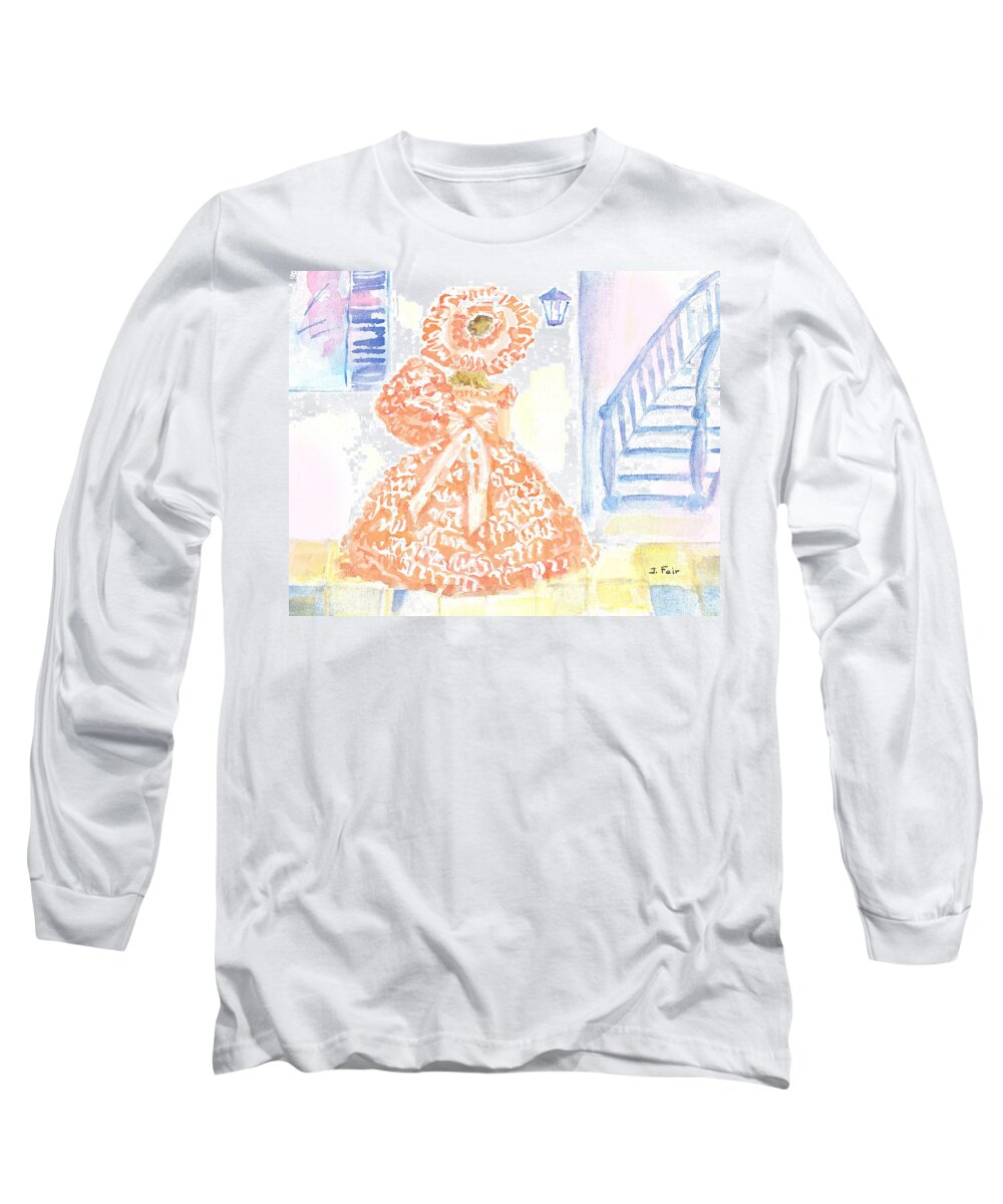 Southern Belle Long Sleeve T-Shirt featuring the painting Southern Belle in Peach Dress by Jerry Fair