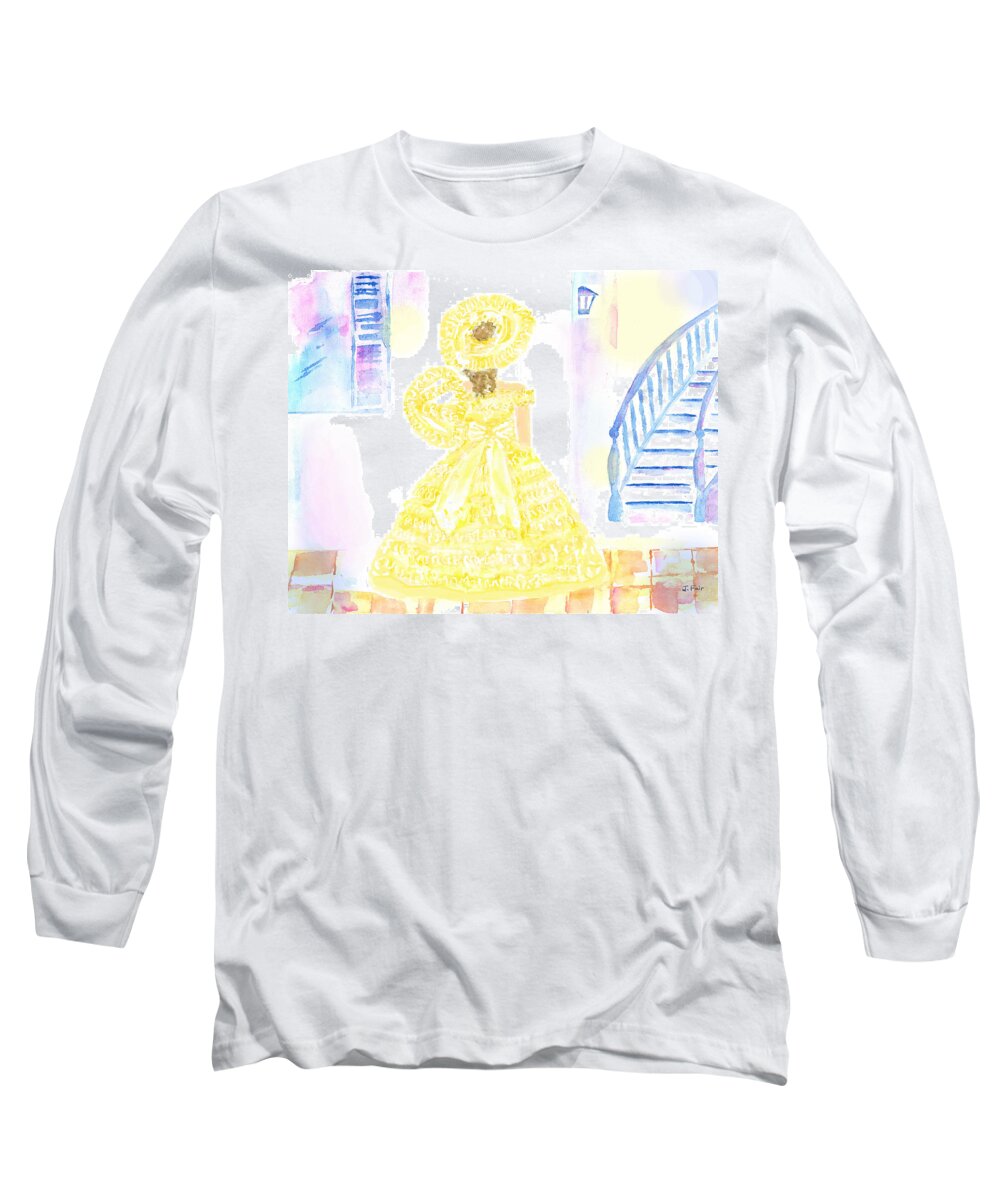 Southern Belle Long Sleeve T-Shirt featuring the painting Southern Belle in Yellow Dress by Jerry Fair