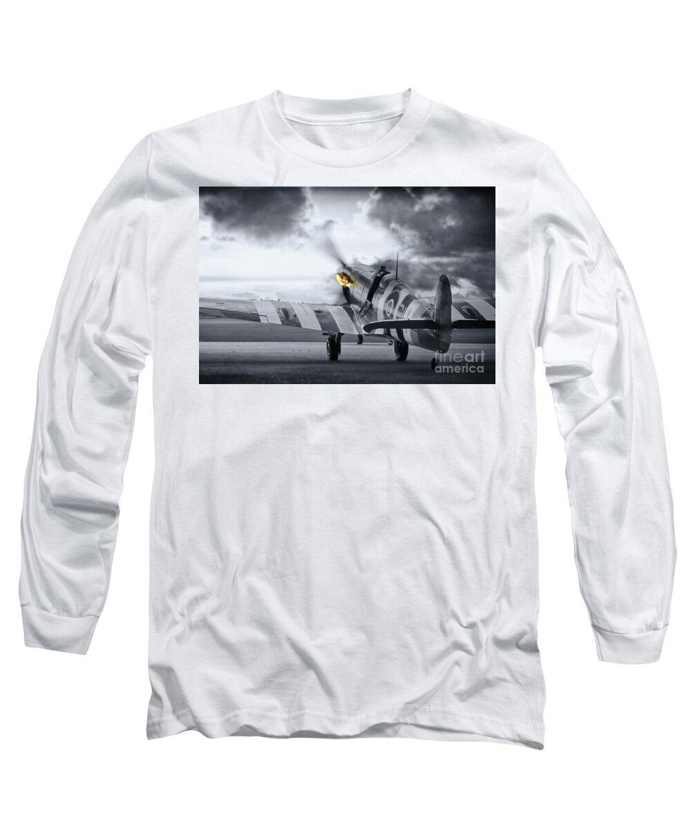 Spitfire Long Sleeve T-Shirt featuring the photograph Spitfire AB910 Spitting Fire by Airpower Art