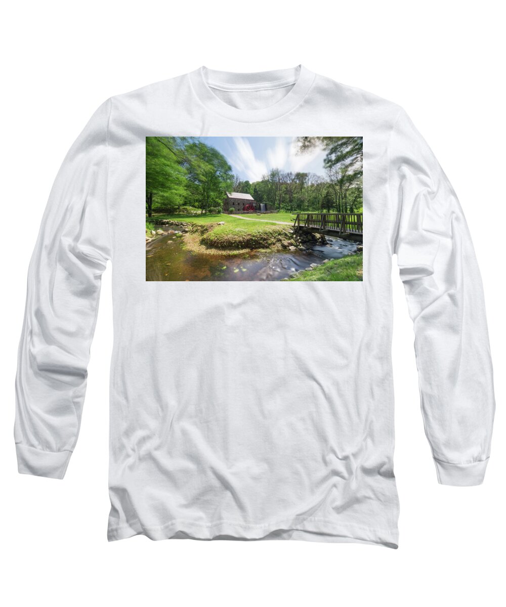 Sudbury Grist Mill Old Iconic Historic Landscape Water Waterwheel Wheel Falls Waterfall Bridge Over Water Stream River Brook Grass Trees Long Exposure Clouds Streaking Streak Nature Outside Outdoors Ma Mass Massachusetts U.s.a. Usa Brian Hale Brianhalephoto Stone Wall Building Architecture Long Sleeve T-Shirt featuring the photograph Spring in Sudbury by Brian Hale