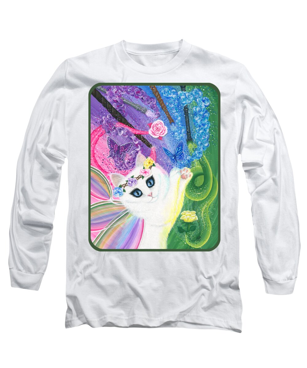 Fairy Cat Long Sleeve T-Shirt featuring the painting Springtime Magic - White Fairy Cat by Carrie Hawks