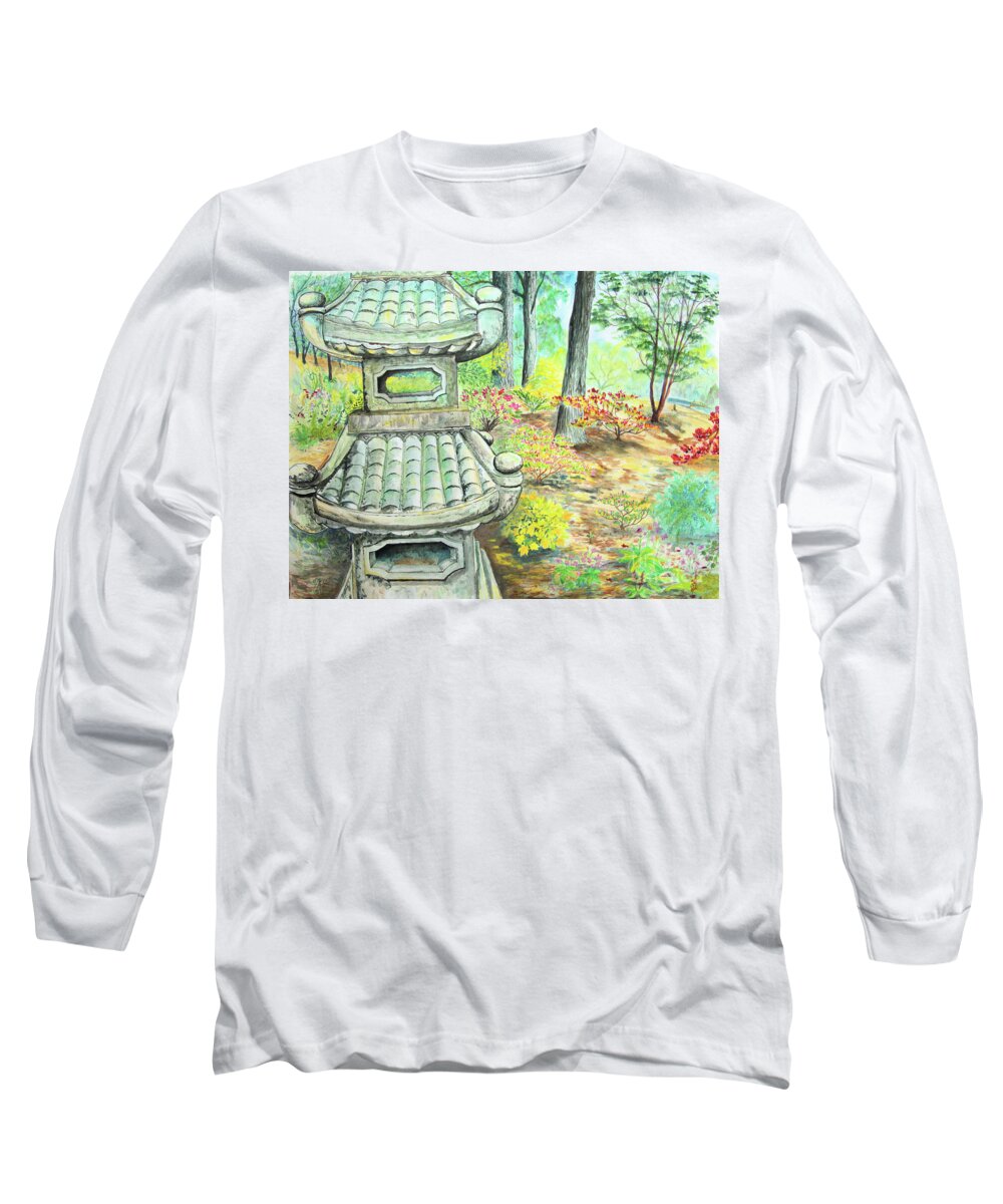 Japanese Long Sleeve T-Shirt featuring the painting Strolling through the Japanese Garden by Nicole Angell