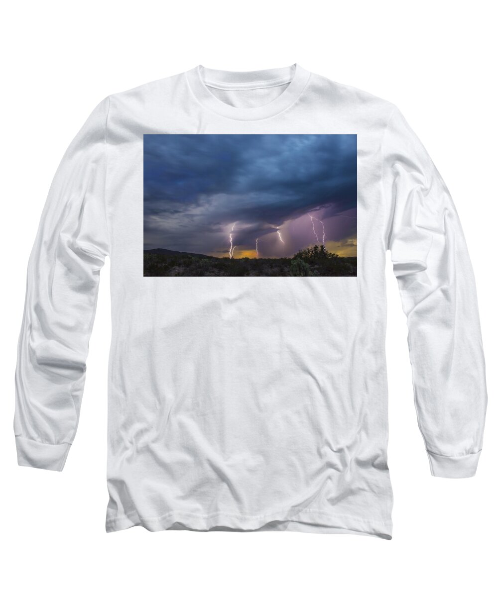 Lightning Long Sleeve T-Shirt featuring the tapestry - textile Sunset Lightning by Kathy Adams Clark