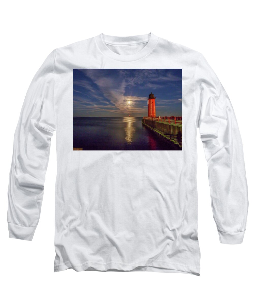 Llake Michigan Long Sleeve T-Shirt featuring the photograph Supermoon over the red lighthouse by Kristine Hinrichs