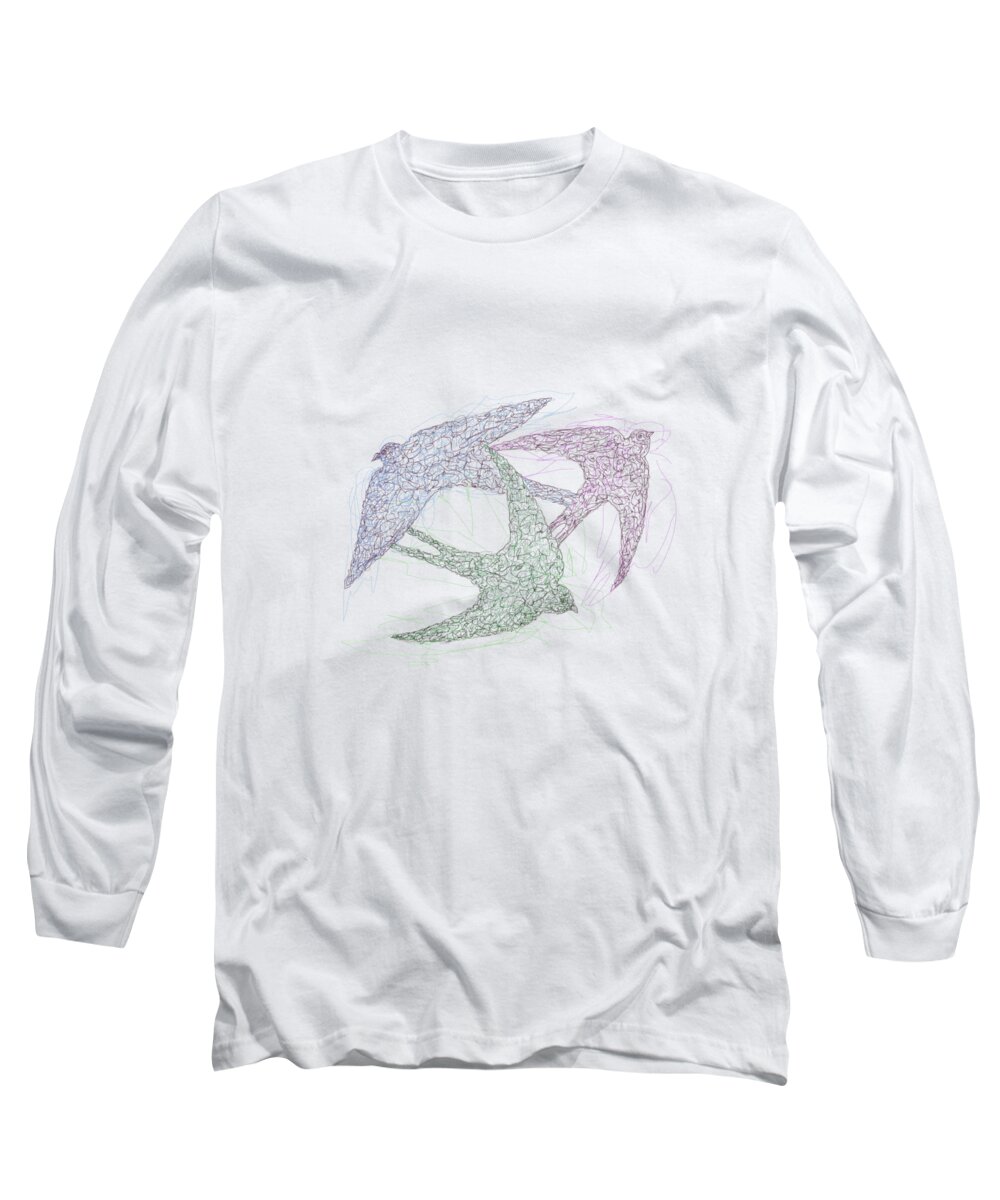 Olena Art Long Sleeve T-Shirt featuring the drawing Swallow Birds Motion Design by OLena Art