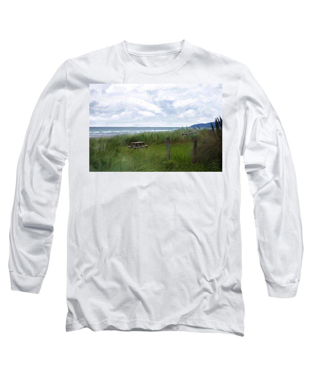 Beach Long Sleeve T-Shirt featuring the digital art Tables by the ocean by Debra Baldwin