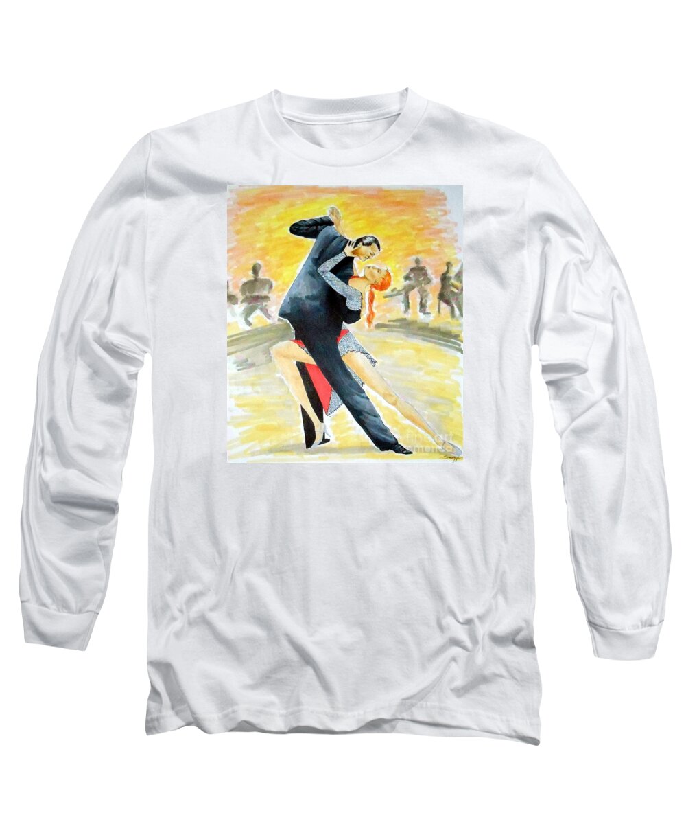 Ballroom Dancers Long Sleeve T-Shirt featuring the drawing Tango Tangle -- Portrait of 2 Tango Dancers by Jayne Somogy