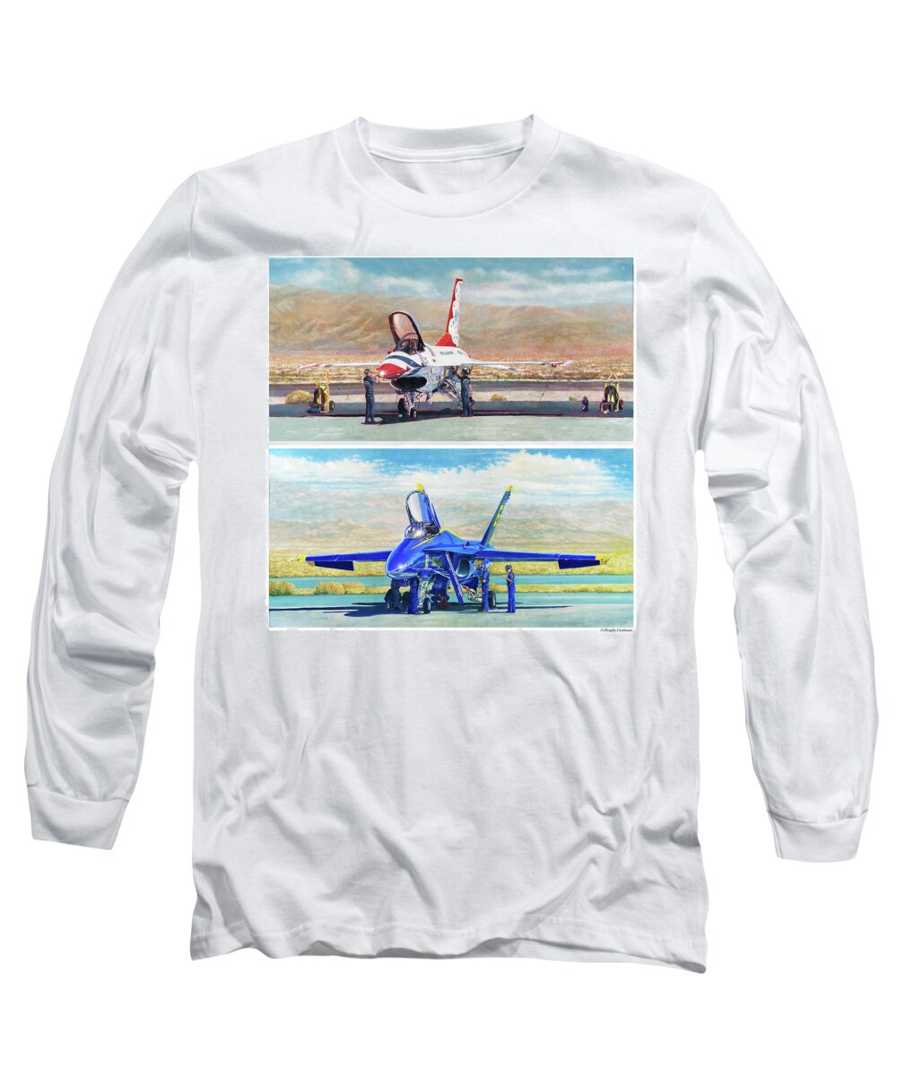 Aviation Art Long Sleeve T-Shirt featuring the painting Tbirds and Angels Maintenance by Douglas Castleman